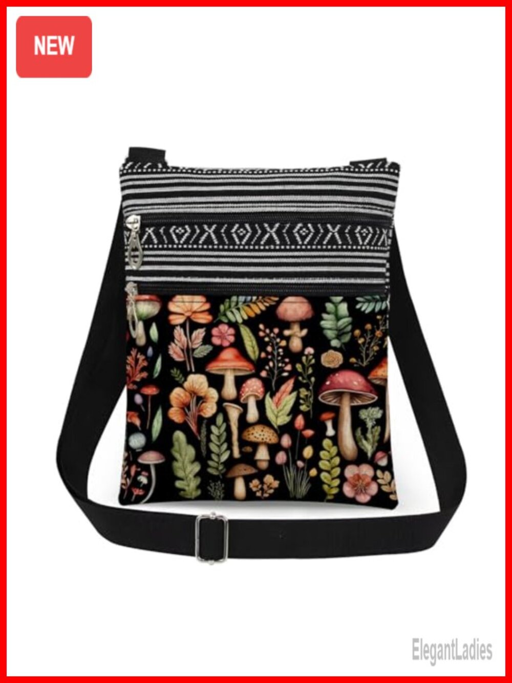 Mushroom Fungal Art Crossbody Bag Polyester Adjustable Strap Double Zipper